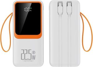 20000 Mah Power Bank Pd 20W ve USB 22.5W Quıck Fast Hızlı Şarj Dahili Type C ve Lightning Kablolu Dünya Standartlarına Uygun Polymer Batarya Birebir Amper LCD Göstergeli Powerbank (Beyaz)