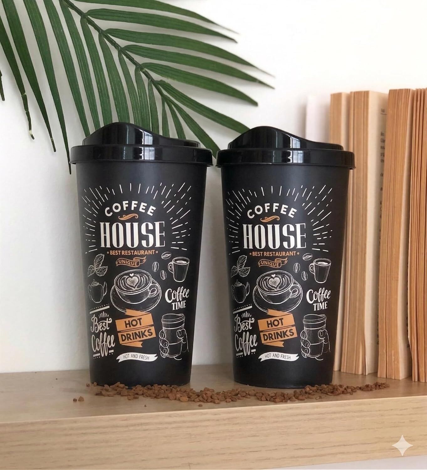 2'li Coffee House Desenli Büyük Boy Kahve Bardağı Takımı (2 x 650 Ml) - Kahverengi Pipet Girişli Kapaklı Bardak Paketi