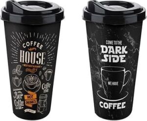 2'li Coffee House Desenli Büyük Boy Kahve Bardağı Takımı (2 x 650 Ml) - Kahverengi Pipet Girişli Kapaklı Bardak Paketi