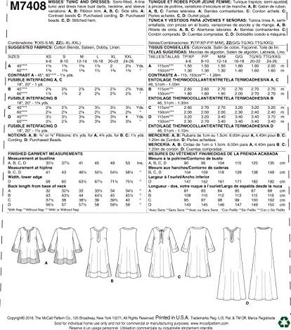 Mccall's Patterns 7408 Zz Kesim Deseni, Tunik ve Elbiseler Için, Kumaş, Çok Renkli, Beden L – 2x Boy