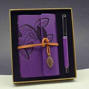 Yaprak Desenli Mor Deri Defter ve Metal Roller Kalem Seti