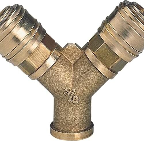 Orijinal  Çift Girişli Basınçlı Hava Çıkış Borusu C. R3/8'' (Kompresör Aksesuarı, 2'li Hava Dağıtıcı, 2x Hızlı Bağlantı, Pirinçten) - 4139680