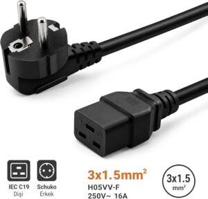 Px-Srv5 5 Metre 3x1.5mm C19 Server Power Kablo, Full Bakır C19 Schuko Güç Kablosu, 16A 250V Sunucu Pdu Ups Veri Merkezi Güç Bağlantı Kablosu, Siyah