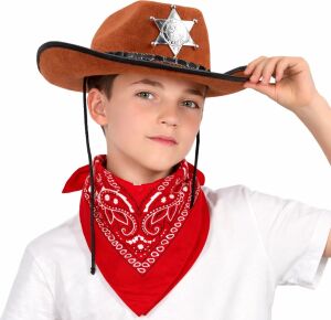 Çocuk Kovboy Şapka Rozetli Kahverengi ve Kırmızı Bandana Seti