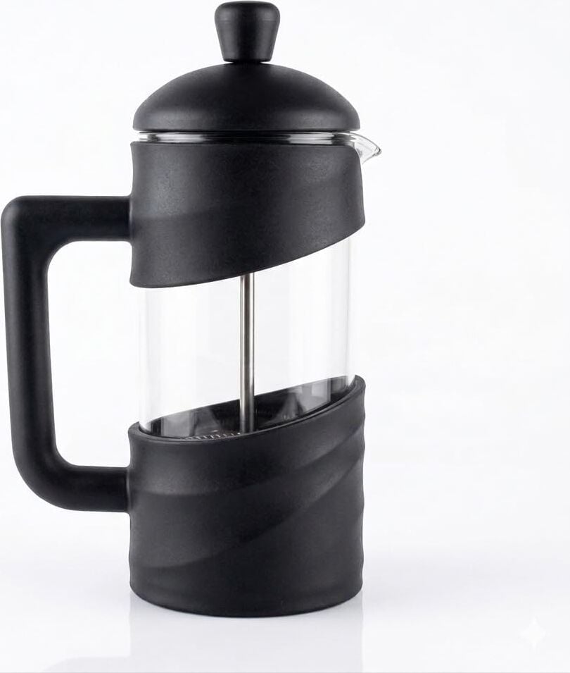 Kanji 350 ml Cam French Press – Isıya Dayanıklı Cam, Paslanmaz Çelik Filtreli, Siyah Renkli Kahve ve Bitki Çayı Demliği