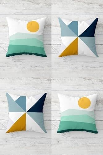 Güneş ve Geometrik Renk Bloklu Gizli Fermuarlı Kırlent Kılıfı Koltuk Yastık Kılıfı TAKIM(4ADET), Yeşil-Sarı 45 x 45