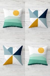 Güneş ve Geometrik Renk Bloklu Gizli Fermuarlı Kırlent Kılıfı Koltuk Yastık Kılıfı TAKIM(4ADET), Yeşil-Sarı 45 x 45