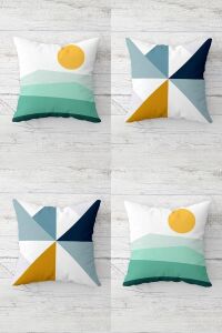 Güneş ve Geometrik Renk Bloklu Gizli Fermuarlı Kırlent Kılıfı Koltuk Yastık Kılıfı TAKIM(4ADET), Yeşil-Sarı 45 x 45
