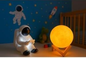 Işık Kasabası(28) Oturan Astronot ve 3D Küre LED Gece Lambası Tabletli Astronot Sarı,beyaz