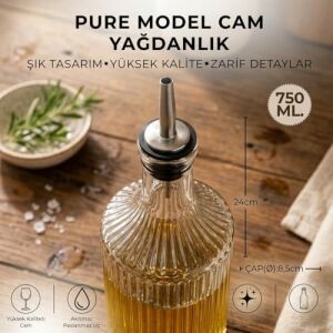 2'li Pure Model Şeffaf Cam Yağdanlık Seti - Optikli (Çizgili) Tasarım, Paslanmaz Akıtmaz Uçlu Yağ ve Sirke Şişesi (750 ml x 2 Adet)