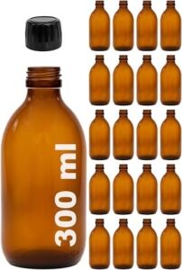Amber Ecza Şişesi, 300 Ml, Kahverengi Cam, Plastik Contalı Kilit Kapak, Hava ve Sıvı Sızdırmaz, 28MM Ağız Çaplı, Parfüm Demlemek Için Uygun, 20 Adet (300 Ml, Siyah Kapak)