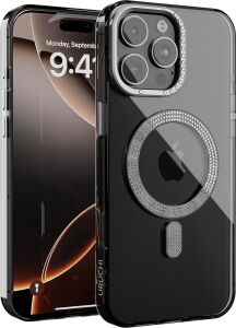 iPhone 15 ile Uyumlu Şeffaf Taşlı Mag-Safe Kılıf – Sert Mika Sararmaz Kılıf, N52 Güçlü Mıknatıs, Bağımsız Tuşlar, Lüks Kristal Tasarım (Siyah Şeffaf, iPhone 15)