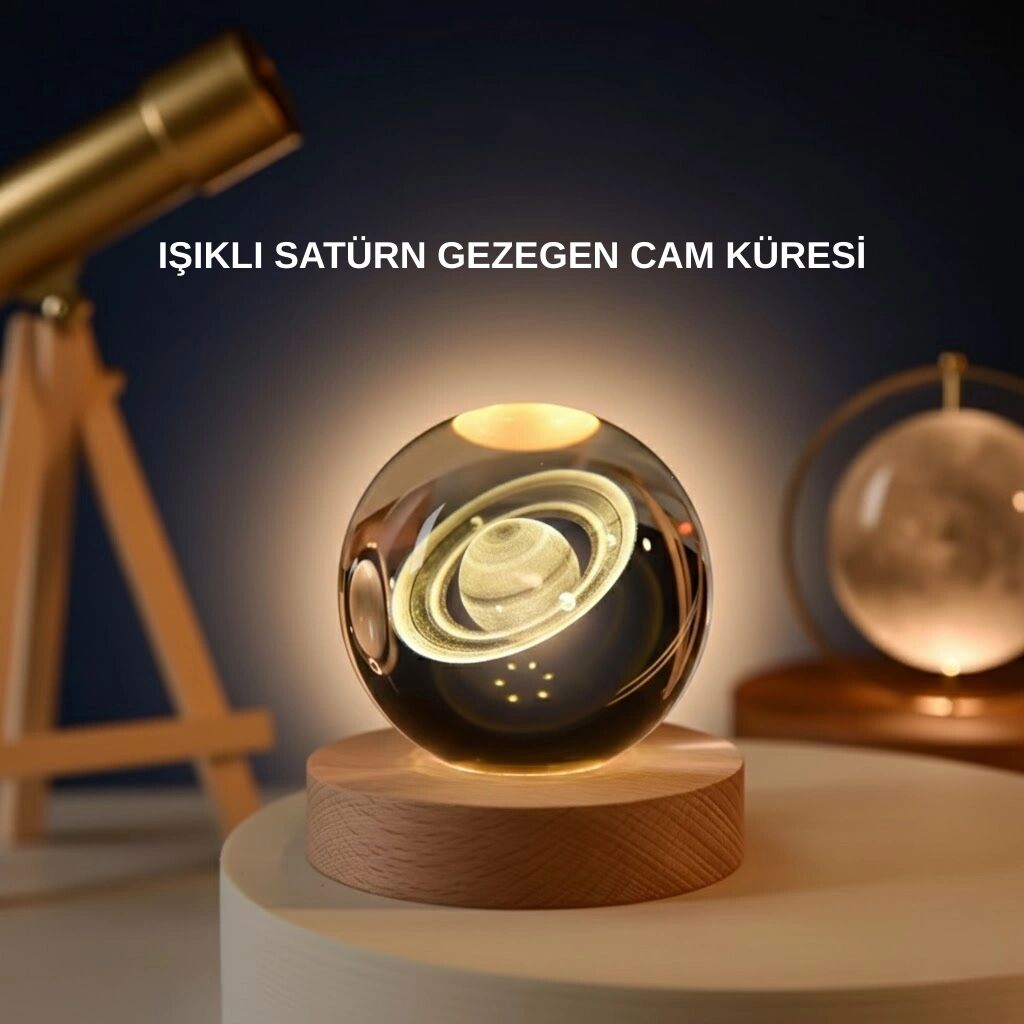 Satürn Gezegenli Kristal Küre LED Lamba Usb’li Ahşap Standlı