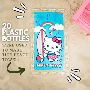 Franco Sanrio Hello Kitty Süper Yumuşak HAFIF%100 Geri Dönüştürülmüş Plaj Havlusu Geri Dönüştürülmüş Plastik Şişelerden Üretilmiştir, 147 cm x 71 cm (%100 Resmi Lisanslı Sanrio Ürünü)