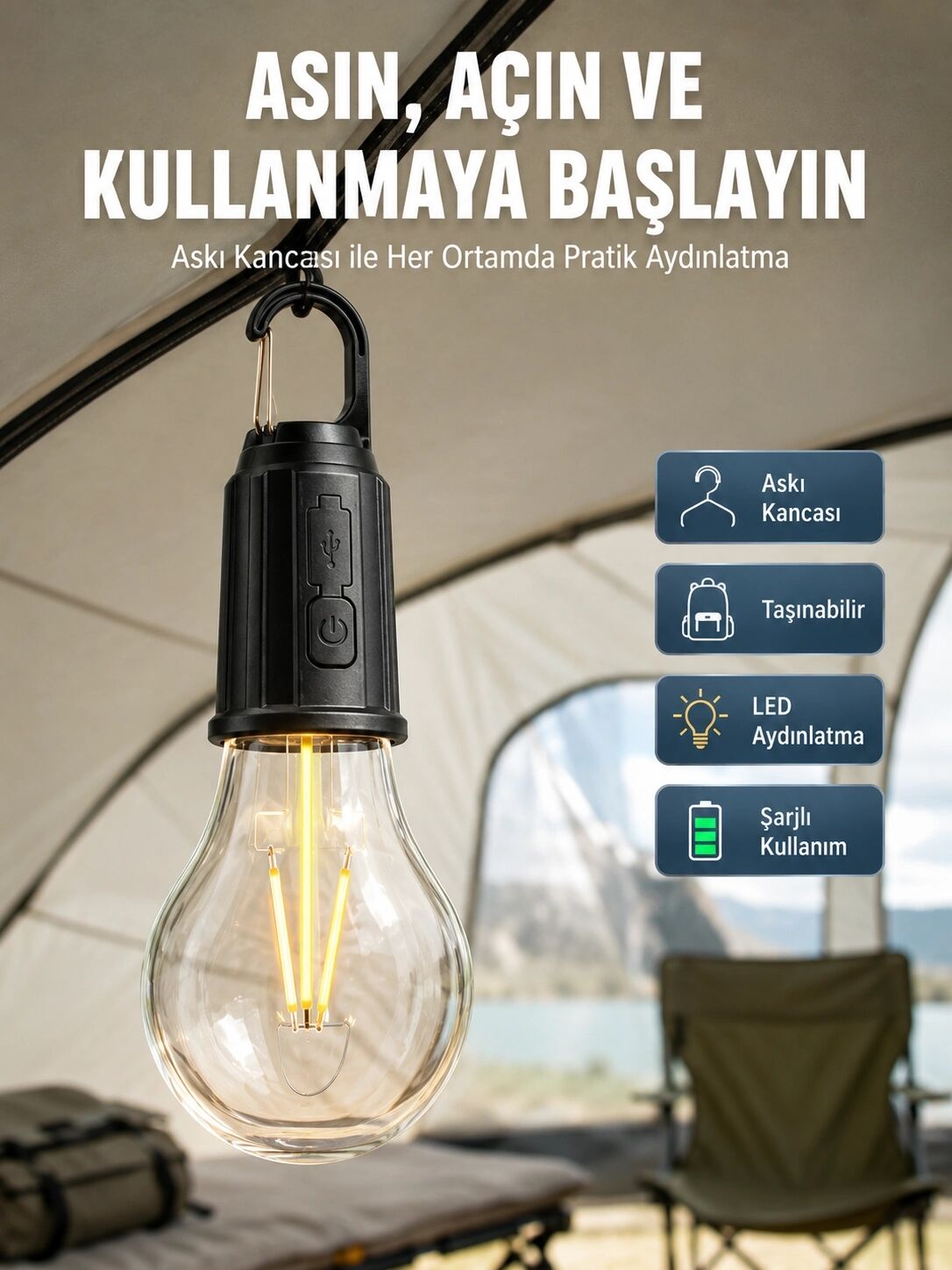 Taşınabilir Şarjlı LED Ampul Askılı Lamba Kamp Bahçe Lambası