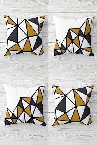 Geometrik Üçgen Bloklar Gizli Fermuarlı Kırlent Kılıfı Koltuk Yastık Kılıfı TAKIM(4ADET), Gold-Gri-Beyaz 43 x 43