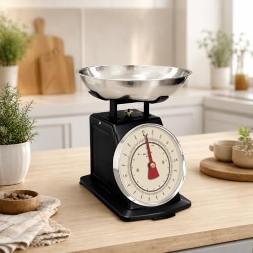 Vintage Mekanik Mutfak Terazisi 2 kg Kapasiteli, Paslanmaz Metal Hazneli  Ölçü Tartısı, Un Şeker Baharat Meyve Sebze Tartma Terazisi (Gümüş Siyah)