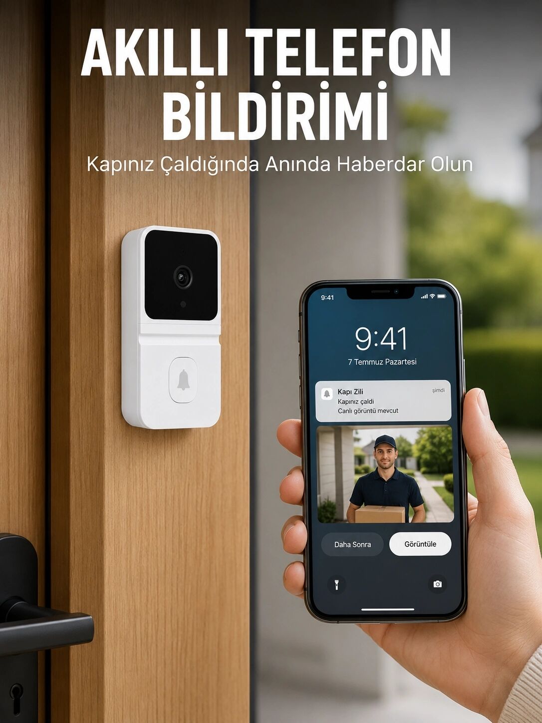 Beyaz Wi-Fi Akıllı Görüntülü Kapı Zili Hd Kamera, Gece Görüşü ve Telefon Bildirimli Kablosuz Kapı Zili