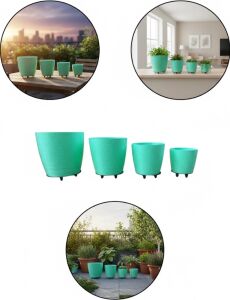 4’lü 3D Ayaklı Yeşil Saksı Seti Dekoratif Modern Tasarım