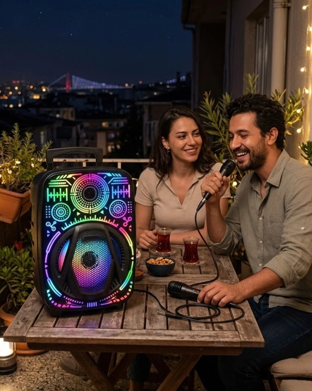 Taşınabilir Bluetooth Speaker Mikrofonlu Rgb Işıklı Karaoke Ses Sistemi