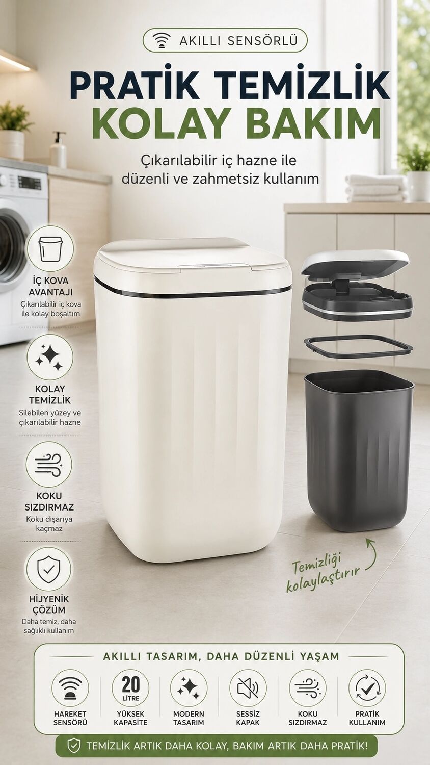 Sensörlü Çalışan Hareketle Aktivite Olan Çöp Kutusu Anti-Bakteri