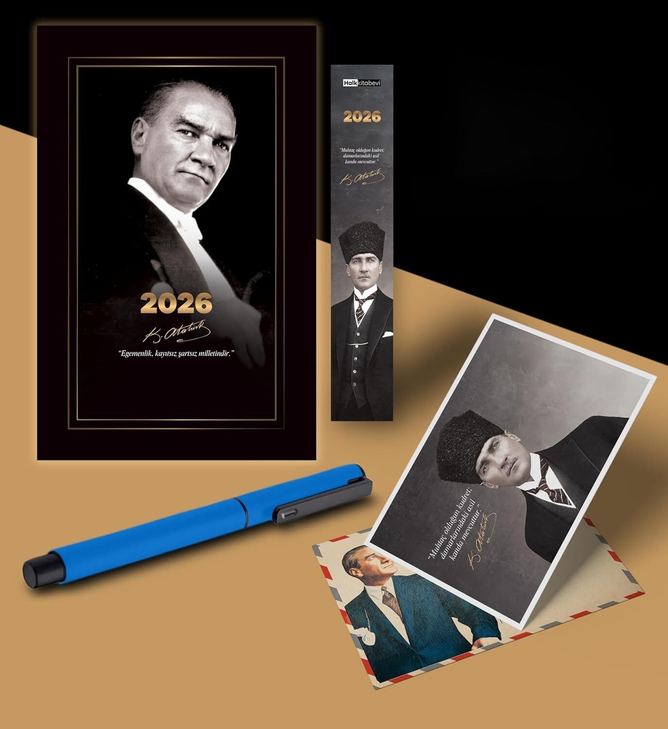 2026 Gazi Paşa Atatürk Ajandası Ayraç Kartpostal Kalem - Mavi