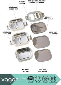 1450ML Lunchbox Üç Katlı 5 Bölmeli ve Mini Sosluklu Çelik Sefer Tası Yemek Kutusu (Lacivert)