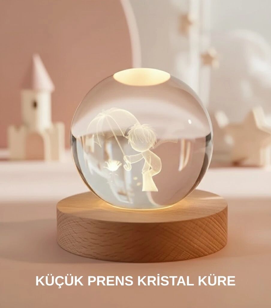 Küçük Prens Figürlü 3D Kristal Top Sıcak Işıklı USB Ahşap Tabanlı Dekor Lamba