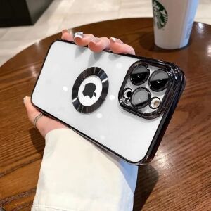& Aksesuar iPhone 13 Pro Max ile Uyumlu Laser Şeffaf Parlak Arka Yüzey ve Logo Detaylı Kenarları Silikon Yapıya Sahip Lens Koruyuculu Kılıf (Siyah)
