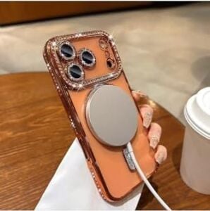 - iPhone 17 Pro Max ile Uyumlu Kılıf Simli Taşlı Lens Korumalı Arkası Şeffaf Kenarı Renkli Parlak Magsafe ile Uyumlu Kapak