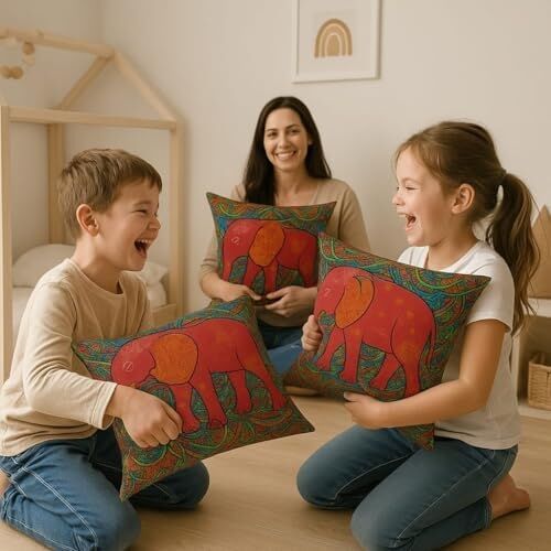 Bohem Fil Desenli Dekoratif Kırlent Kılıfı 45X45 cm – 4’lü Set | Dijital Baskı, Yumuşak Mikrofiber Kumaş, Gizli Fermuarlı | Renkli Etnik Boho Yastık Kılıfı Ev Dekoru Için