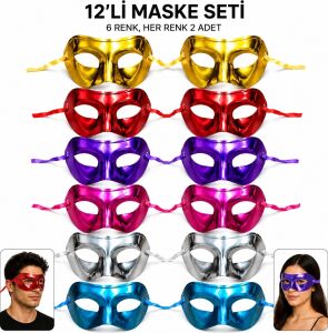 12'li Metalik Venedik Toptan Parti Maskesi Seti – 6 Renk Karışık