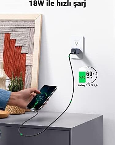 Type-C USB 3.0 90 Derece Açılı Örgülü Data ve Şarj Kablosu 1 Metre
