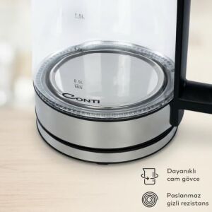 CK-252 Excellent Kettle 1.8 L Cam Gövdeli Su Isıtıcı | 2200W Hızlı Kaynatma | LED Aydınlatmalı | Paslanmaz Çelik Taban | Otomatik Kapanma | Gold