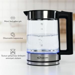 CK-252 Excellent Kettle 1.8 L Cam Gövdeli Su Isıtıcı | 2200W Hızlı Kaynatma | LED Aydınlatmalı | Paslanmaz Çelik Taban | Otomatik Kapanma | Gold