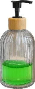 Zbern 2’li Cam Sıvı Sabunluk Seti – Füme Renk, 300 ml Şeffaf Cam Gövde, Doğal Bambu Başlık ve Stand – Modern Pompalı Dispenser – Banyo, Mutfak ve Lavabo Üstü Kullanım Için Uygun