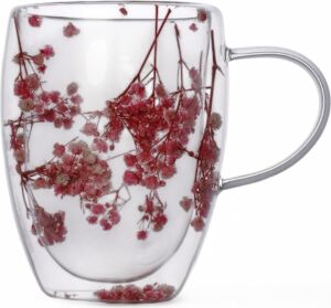 350ML Çift Cidarlı Çiçekli Kupa – Isıya Dayanıklı Çift Katmanlı Cam Çay & Kahve Kupası | Şık ve Ergonomik Tasarım