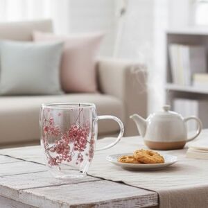 350ML Çift Cidarlı Çiçekli Kupa – Isıya Dayanıklı Çift Katmanlı Cam Çay & Kahve Kupası | Şık ve Ergonomik Tasarım