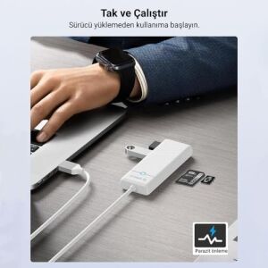 Type-C To 3.0 Tf Sd Kart Okuyucu 3 Portlu USB 3.0 Çoklayıcı Adaptör Beyaz