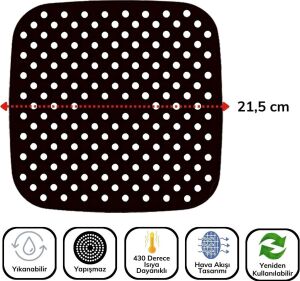 Siyah Isıya Dayanıklı Yıkanılabilir Silikon Fırın ve Airfryer Kare Model Pişirme Matı 21,5 cm
