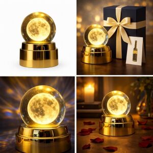 Kristal Küre Ay Lambası, Altın Renkli Taban, LED Işıklı, Masa Lambası, 15 Cm, Sıcak Beyaz Işık