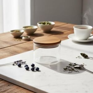 Doğal Akasya Ahşap Kapaklı Borosilikat Cam Saklama Kabı - 200 ml Vakumlu Kare Baharatlık ve Küçük Boy Erzak Kavanozu