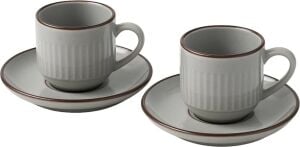 2'li Set Çizgili Seramik Fincan Takımı | Mat Kahverengi Beyaz Rustik Espresso & Türk Kahvesi Fincanı | Çift Kişilik Kulplu Servis Seti | Modern Ev ve Kafe Stili