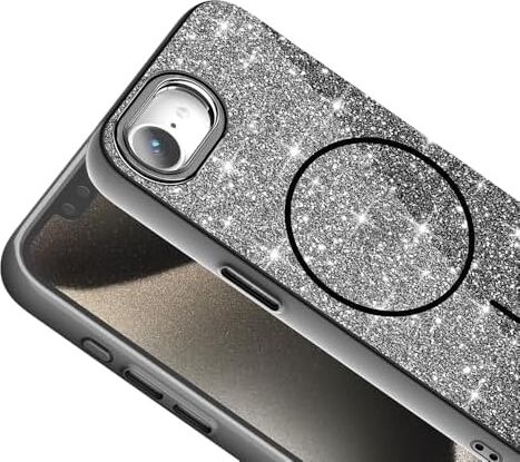 iPhone 17E ile Uyumlu Parlayan Simli Yüzey Renkli Magsafe ile Uyumlu Wireless Şarj Özellikli x Z-Okso iPhone 17E Için Kapak Siyah