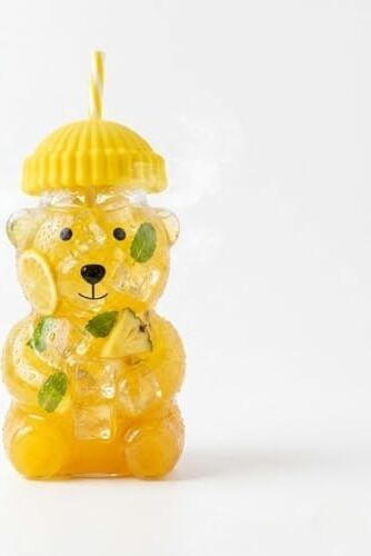 Sevimli Ayı Şekilli Cam Bardak, Pipetli ve Kapaklı, Renkli Şemsiye Tasarım, Meyve Suyu ve Soğuk Içecekler Için (Sarı)