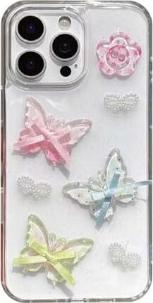 3D Kelebekli Şeffaf Simli iPhone 13 Uyumlu / 14 Uyumlu Kılıf – Kamera Korumalı, Darbe Emici Silikon