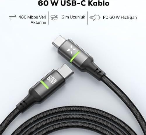 Xenon Smart Type C Hızlı Şarj Kablosu | Type-C To Type-C 60W 480 Mpbs 2m Pd Örgü LED Göstergeli X6422
