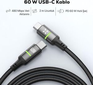 Xenon Smart Type C Hızlı Şarj Kablosu | Type-C To Type-C 60W 480 Mpbs 2m Pd Örgü LED Göstergeli X6422