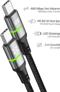 Xenon Smart Type C Hızlı Şarj Kablosu | Type-C To Type-C 60W 480 Mpbs 2m Pd Örgü LED Göstergeli X6422