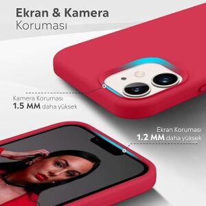 iPhone Kılıf Ince Sıvı Silikon 3 Katmanlı Tam Kaplamalı Yumuşak Jel Kauçuk Kılıf Kapak (Parlak Kırmızı, iPhone 11)